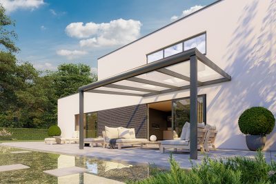 Moderne Terrassenüberdachung aus Aluminium mit Glasdach in grau in Gartenumgebung